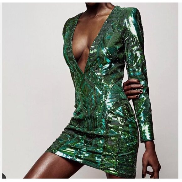 Balmain × H&M 2015 Runway Emerald Green Sequin Zipper Plunge Dress Size 2 NWT - Picture 5 of 14